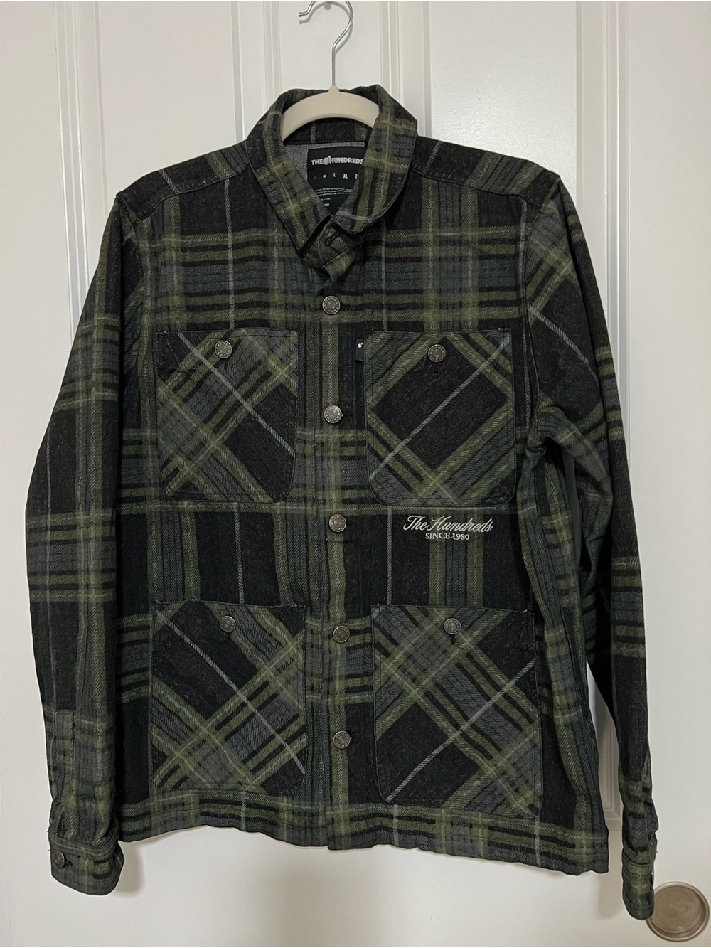 The Hundreds Green and Black Plaid Button-Front Shirt Jacket
